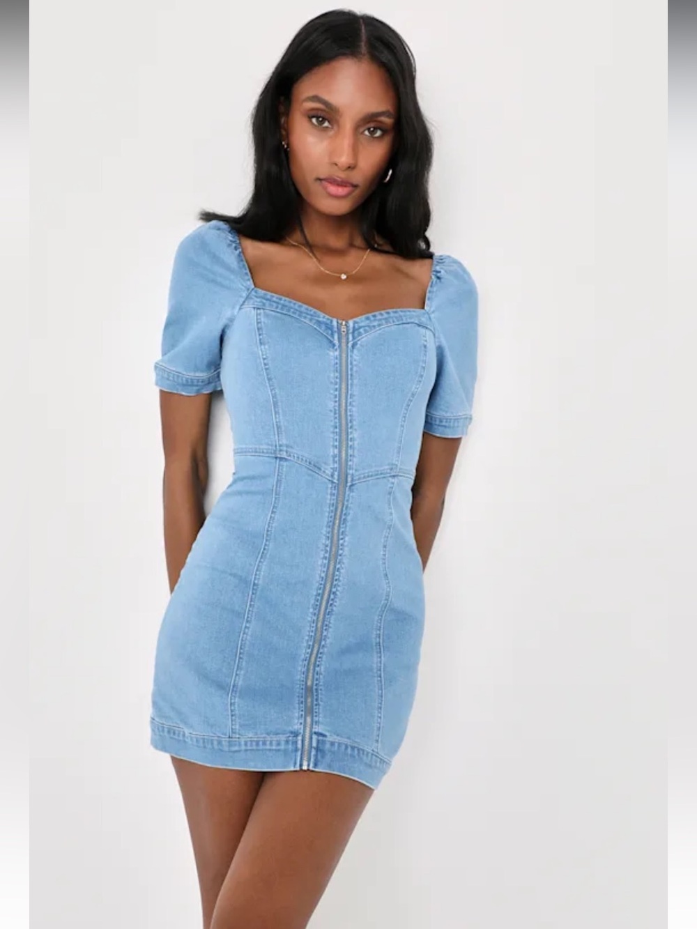 Lulus Trending Vibe Medium Wash Zip-front Denim Dress Blue - Size M - Picture 2 of 9